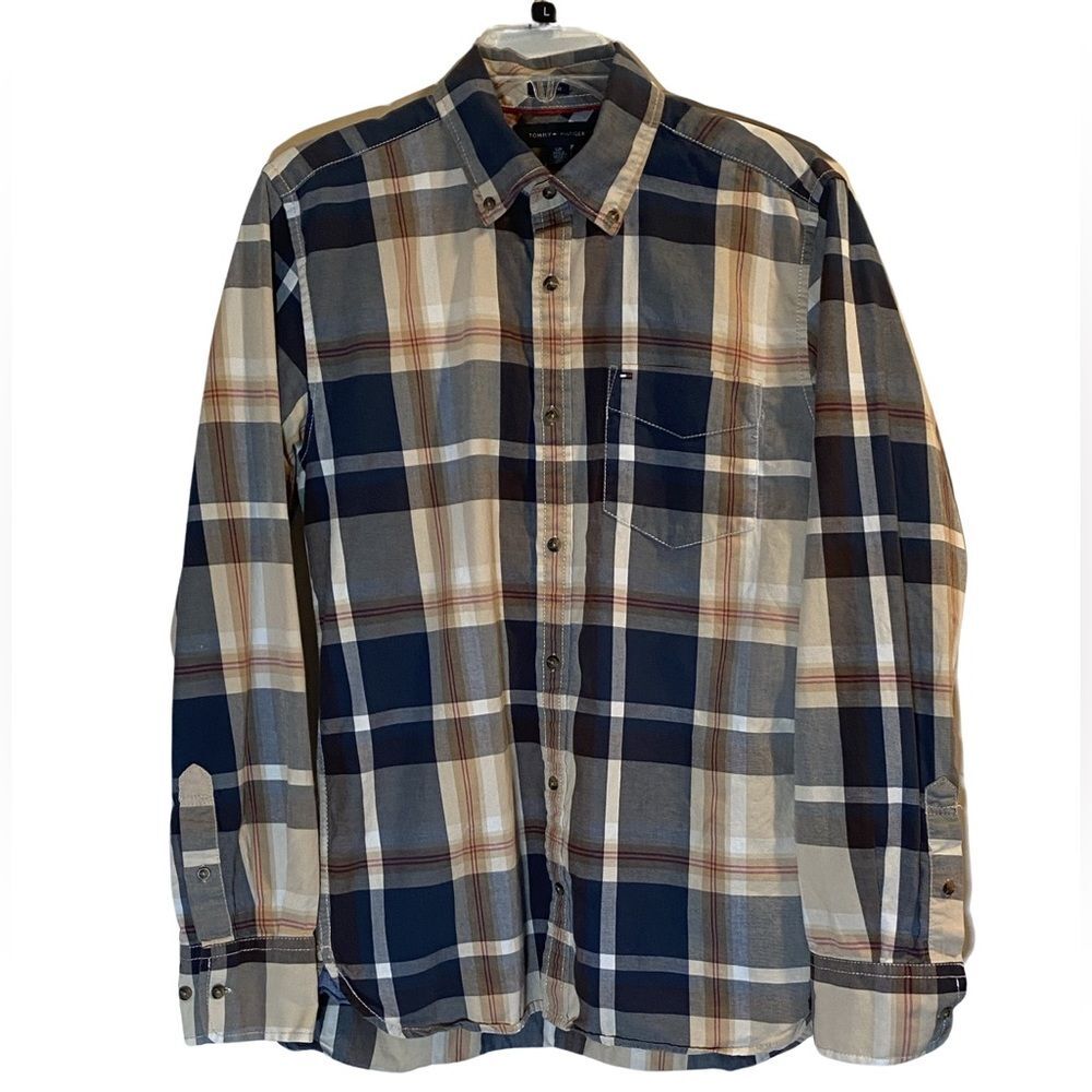 Tommy Hilfiger Custom Fit Men's Plaid Button Down Shirt. Blue/Tan. Small